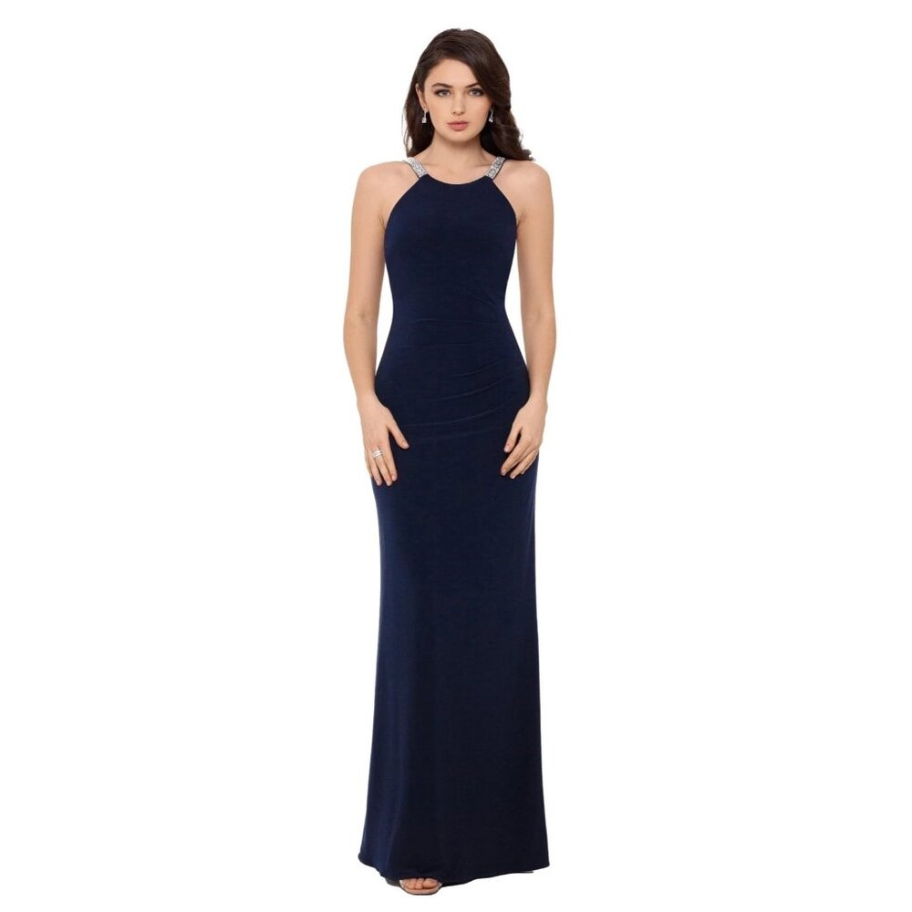 Betsy & Adam Formal Long Gown 8 Navy Blue Crystal Rhinestone Back Gala Prom NEW